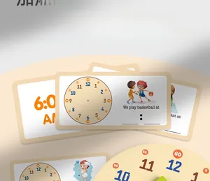 Educational wooden clock cards for children teaching time recognition with daily scenarios