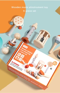 Close-up of 6-piece wooden musical instrument set for toddlers with colorful patterns