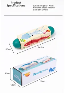 Detailed size specifications for the wooden rotating puzzle with ocean animal patterns