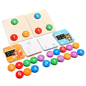 Wooden math logic toy set with number blocks and animal addition subtraction cards