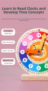 Detail of wooden educational clock with colorful dial and lion face for kids learning time