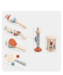Detailed size specifications for a 6-piece wooden baby musical instrument set in pastel colors