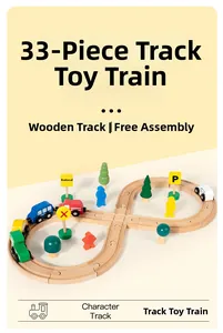 Detailed macro view of a 33-piece wooden train track set with cars and signs