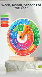 Detail of wooden educational clock showing months and seasons with rotating orange pointer