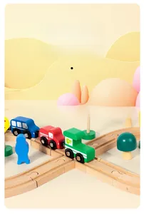 Detail of wooden train track set with colorful carriages and smooth拼接 parts