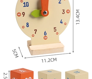 Detailed view of educational wooden clock toy dimensions for children learning