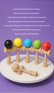 Close-up of colorful wooden Kendama series in red, blue and yellow for beginners