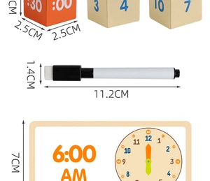 Detailed view of wooden educational clock blocks with marker and size measurements