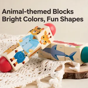 Animal themed wooden rotating block puzzle for baby fine motor skills training