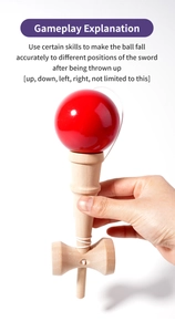 Detailed view of red glossy kendama ball and wooden handle for gameplay practice