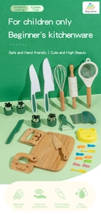 Close-up of wooden cutting board, stainless steel whisk, and colorful cookie cutters