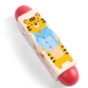 Wooden spinning block puzzle for toddlers featuring a yellow tiger and cartoon animal patterns