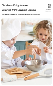 Kids wooden kitchen toy set featuring pretend cutting boards, whisks, and rolling pins