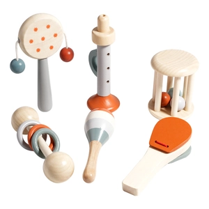 6-piece wooden baby musical instrument set including rattle, flute, and bells in Nordic style