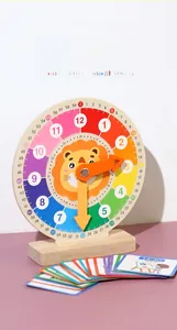 Detailed view of wooden lion clock toy with adjustable hands and learning cards for kids