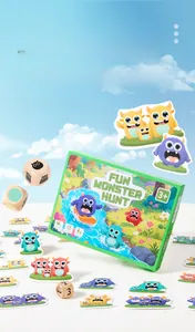 Macro view of Fun Monster Hunt educational board game with wooden dice and cards