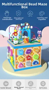 Detail of wooden activity cube with bead maze, rotating gears and shape sorter functions