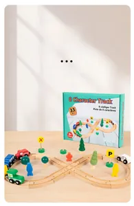 Detailed view of a 33-piece wooden figure-eight train track set with colorful accessories