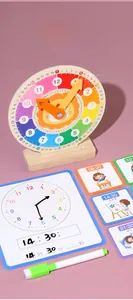 Macro shot of lion wooden educational clock with schedules and dry-erase whiteboard cards