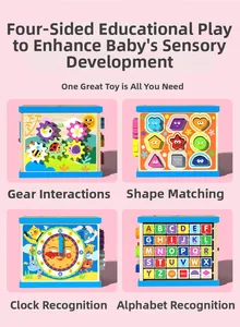 Detail of wooden activity cube featuring gears, shape sorting, clock, and alphabet panels