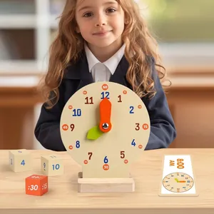 Educational wooden teaching clock set with movable hands and matching time blocks for kids