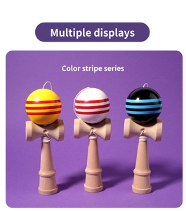 Detailed view of three wooden kendama toys with striped glossy balls in multiple colors