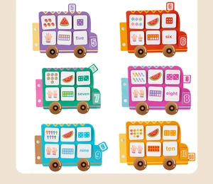 Détail de cartes éducatives colorées en forme de bus pour apprendre les chiffres 5 à 10