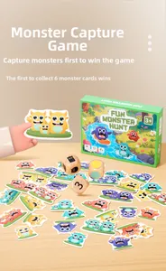 Detailed view of fun monster hunt board game cards and wooden dice for kids training