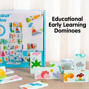 Educational wooden dinosaur domino set for kids featuring colorful prehistoric illustrations