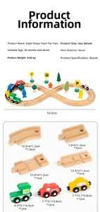 Detail breakdown of wooden train track set parts including cars, trees and road signs