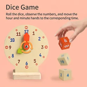 Educational wooden teaching clock toy set with movable hands and dice for kids