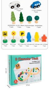 Detailed components of 33-piece wooden train track set with cars and signs in retail box
