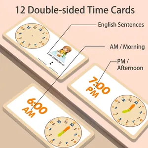 Educational double-sided wooden clock learning cards for kids with time and English illustrations