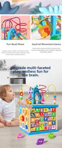 Detail of wooden activity cube featuring wire beads and colorful shape sorting for toddlers