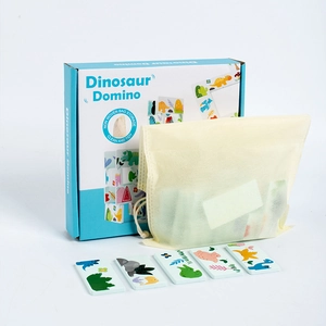 Dinosaur Domino puzzle set with colorful dinosaur patterns and storage bag for kids