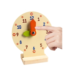 Educational wooden teaching clock with rotating hands and dual scales for kids learning