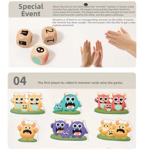 Educational monster board game with wooden dice and colorful cartoon cards for kids