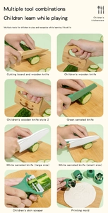 Detailed set of wooden and plastic safe kitchen tools with cutting board for kids