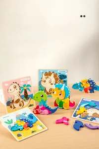 Detail of wooden 3D dinosaur puzzle with chunky pieces and English names for early learning