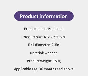 Detailed product specifications of the wooden Kendama toy showing dimensions and materials