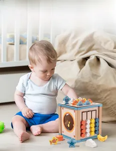 Détail du cube d'activité Montessori 9-en-1 avec pêche en bois et trieur de formes