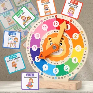 Lion wooden teaching clock with movable hands and daily schedule cards for kids