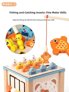 Détail du cube d'éveil 9-en-1 en bois avec pêche magnétique et horloge éducative