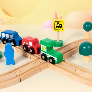 Kids wooden train track set with colorful locomotives and scenery props for desk play