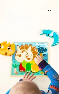 Detailed view of child assembling 3D wooden triceratops puzzle with vibrant colorful pieces
