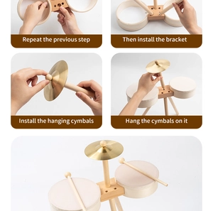 Detailed assembly steps for a wooden kids drum set with twin drums and metal cymbal