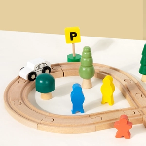 Educational wooden train track set with mini white car and colorful trees for kids