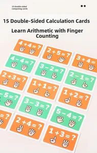 Detailed set of double-sided math cards showing addition and subtraction with finger counting