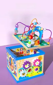 Detail of wooden activity cube featuring a bead maze, clock dial, and rotating gears for kids