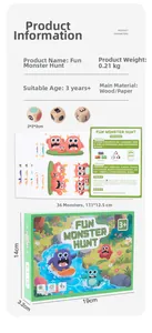 Detail of Monster Catching game set including 36 cards, 3 wooden dice and storage box